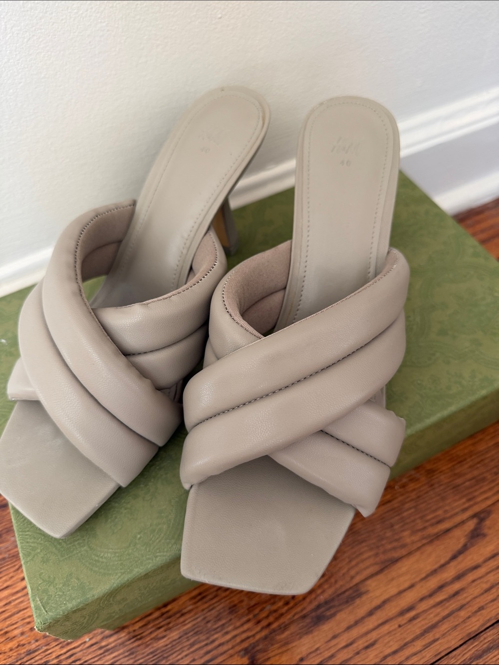 H&M Quilted Taupe Crossband Slide Heels
